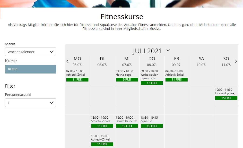 Aqualon Shop - Kurs im Kalender auswählen