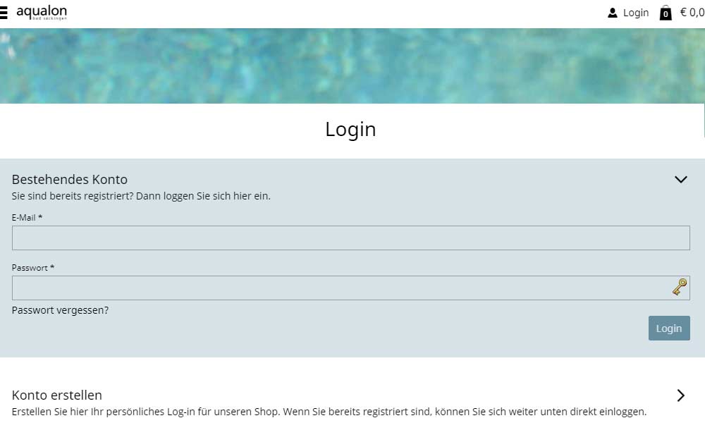 Mit bestehendem Konto (Emailadresse  Passwort) im Aqualon Shop einloggen